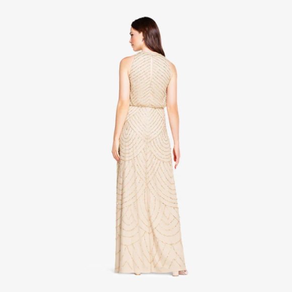 Adrianna Papell - ART DECO BEADED DRESS WITH HALTER NECKLINE IN CHAMPAGNE GOLD - Picture 2 of 7